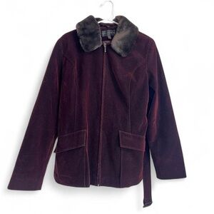 Gallery Purple Velvet Zip Up Belted Coat Faux Fur Trimmed Collar Medium